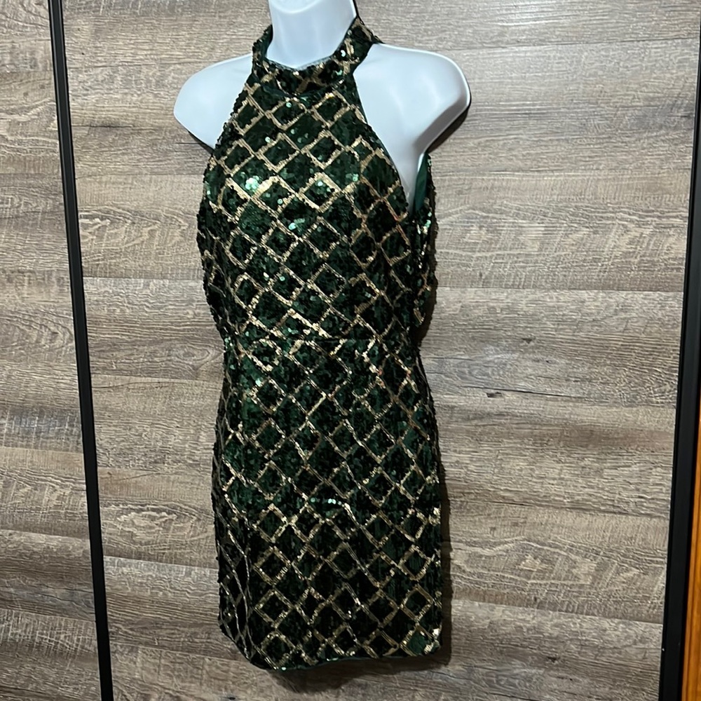 Green and gold sequin halter dress